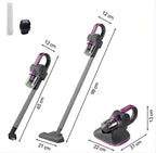 Infografía de aspiradora 5 en 1 con medidas: modo escoba de 98 cm, modo intermedio de 65 cm y cabezal antiácaros de 22x31 cm con accesorios.