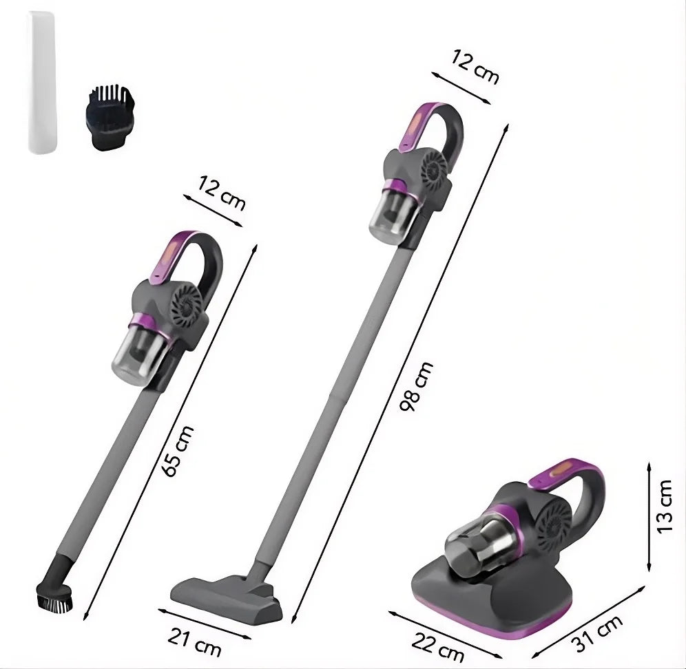 Infografía de aspiradora 5 en 1 con medidas: modo escoba de 98 cm, modo intermedio de 65 cm y cabezal antiácaros de 22x31 cm con accesorios.