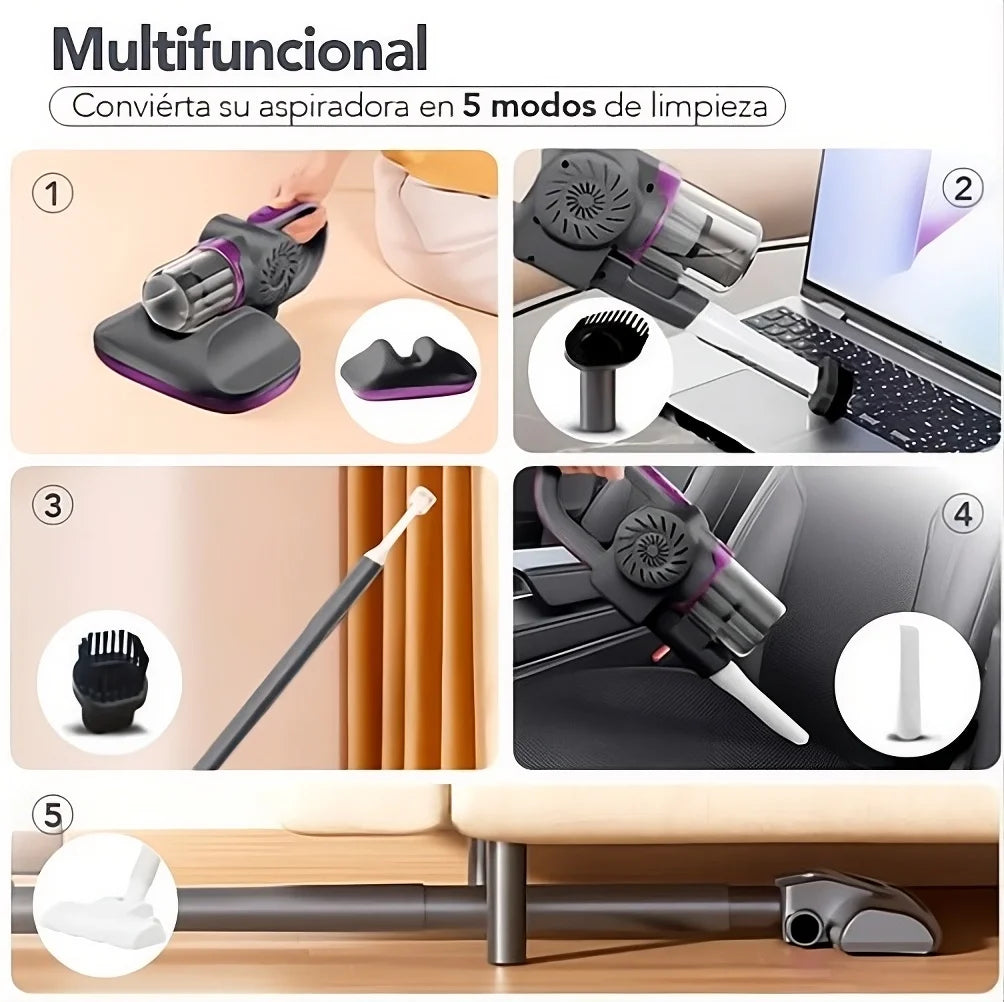 Infografía que muestra los 5 modos de uso de la aspiradora: limpieza de colchones, teclados de laptop, cortinas, asientos de auto y suelos bajo muebles.