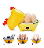 Hervidor eléctrico de huevos amarillo con diseño de gallina, mostrando 7 huevos, interruptor de encendido y pasos de uso numerados 1, 2, 3 en fondo blanco.
