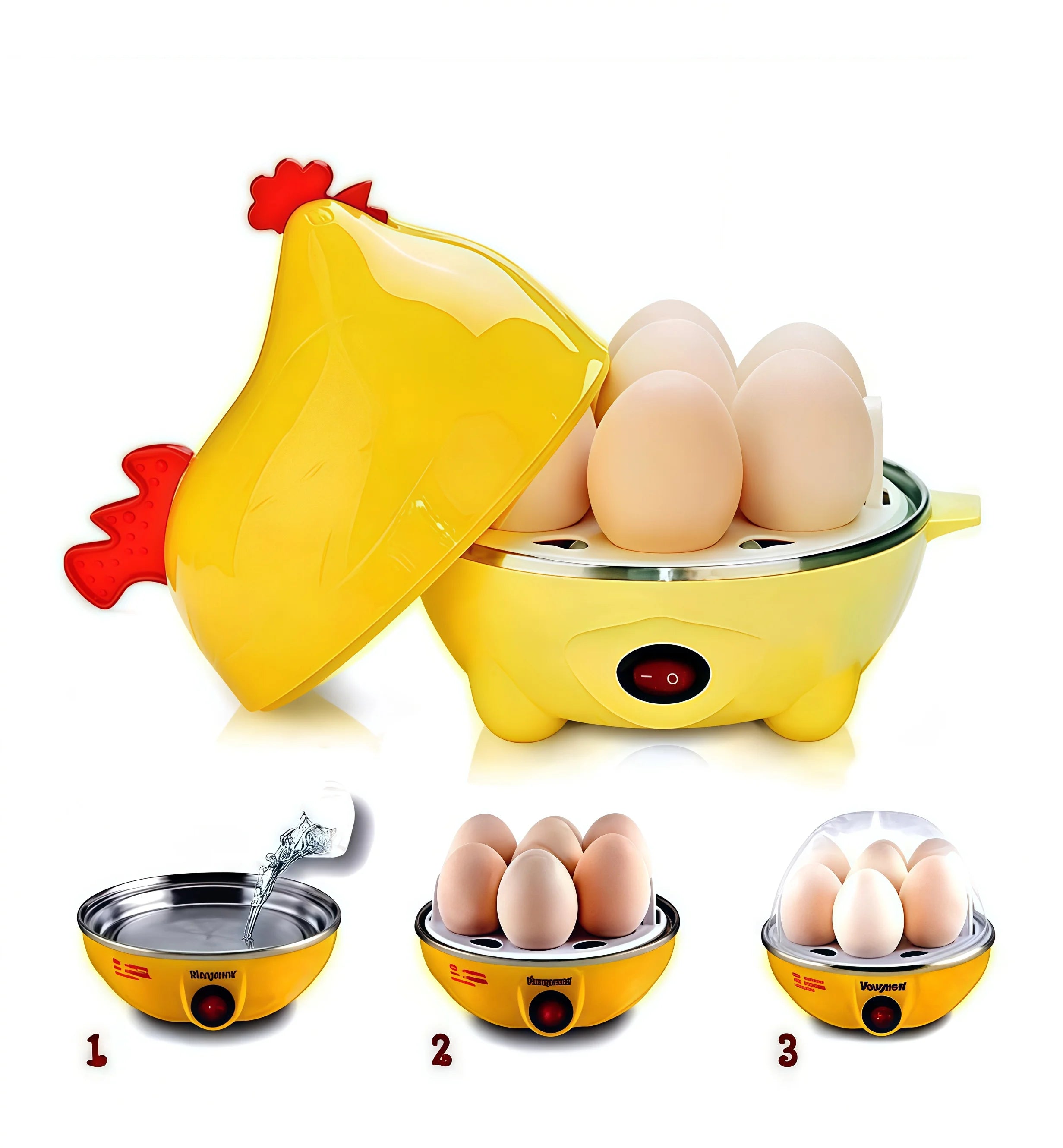 Hervidor eléctrico de huevos amarillo con diseño de gallina, mostrando 7 huevos, interruptor de encendido y pasos de uso numerados 1, 2, 3 en fondo blanco.