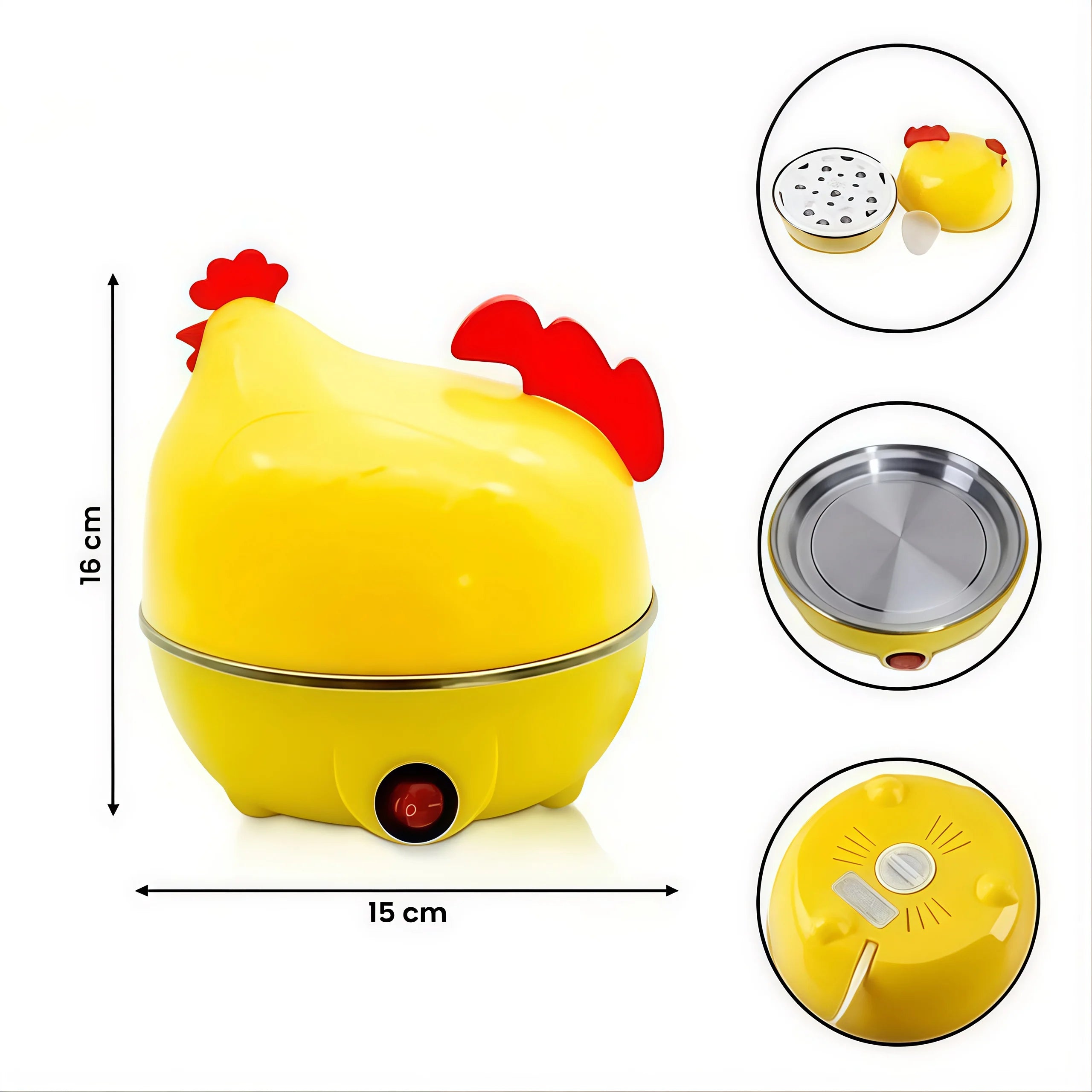Infografía de hervidor de huevos amarillo con medidas de 16 cm de alto y 15 cm de ancho, mostrando base de acero inoxidable y vista inferior.