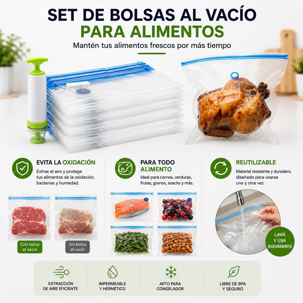 Set de Bolsas al Vacío + Succionador ¡Alimentos Siempre Frescos! 🥦🥩