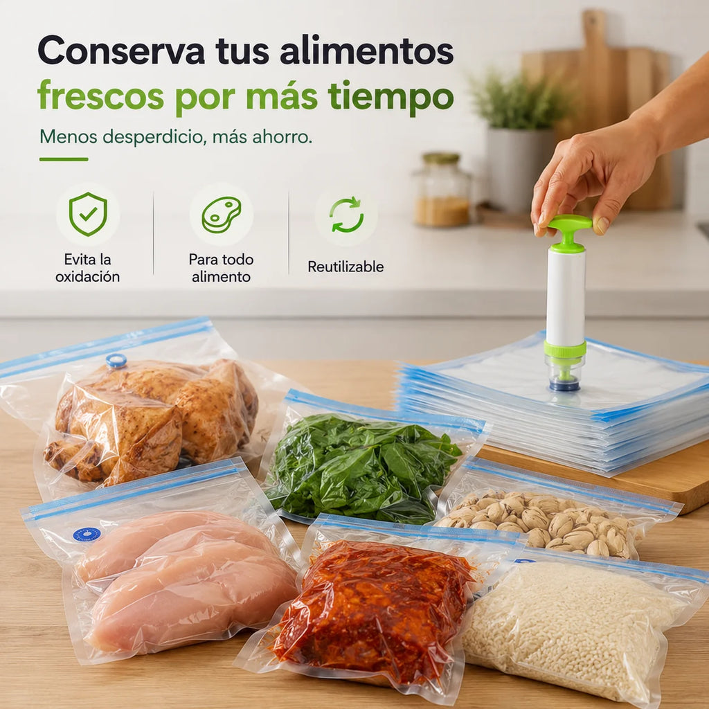 Set de Bolsas al Vacío + Succionador ¡Alimentos Siempre Frescos! 🥦🥩