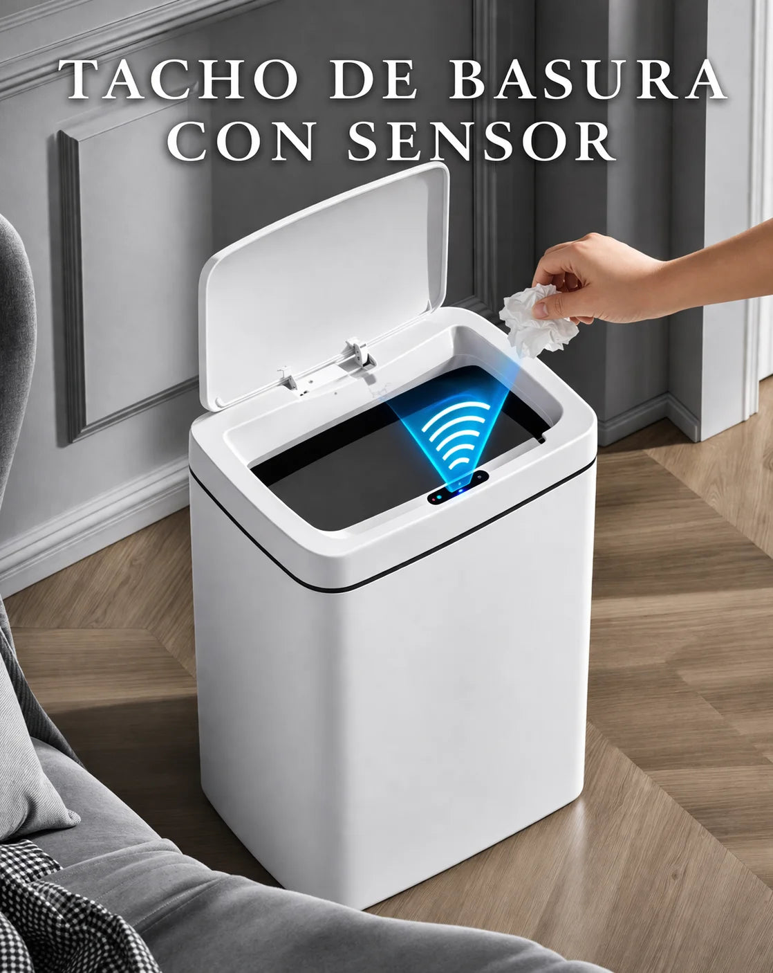 Tacho de basura inteligente color blanco con tapa abierta automáticamente mediante sensor de movimiento y luz indicadora azul en ambiente moderno.