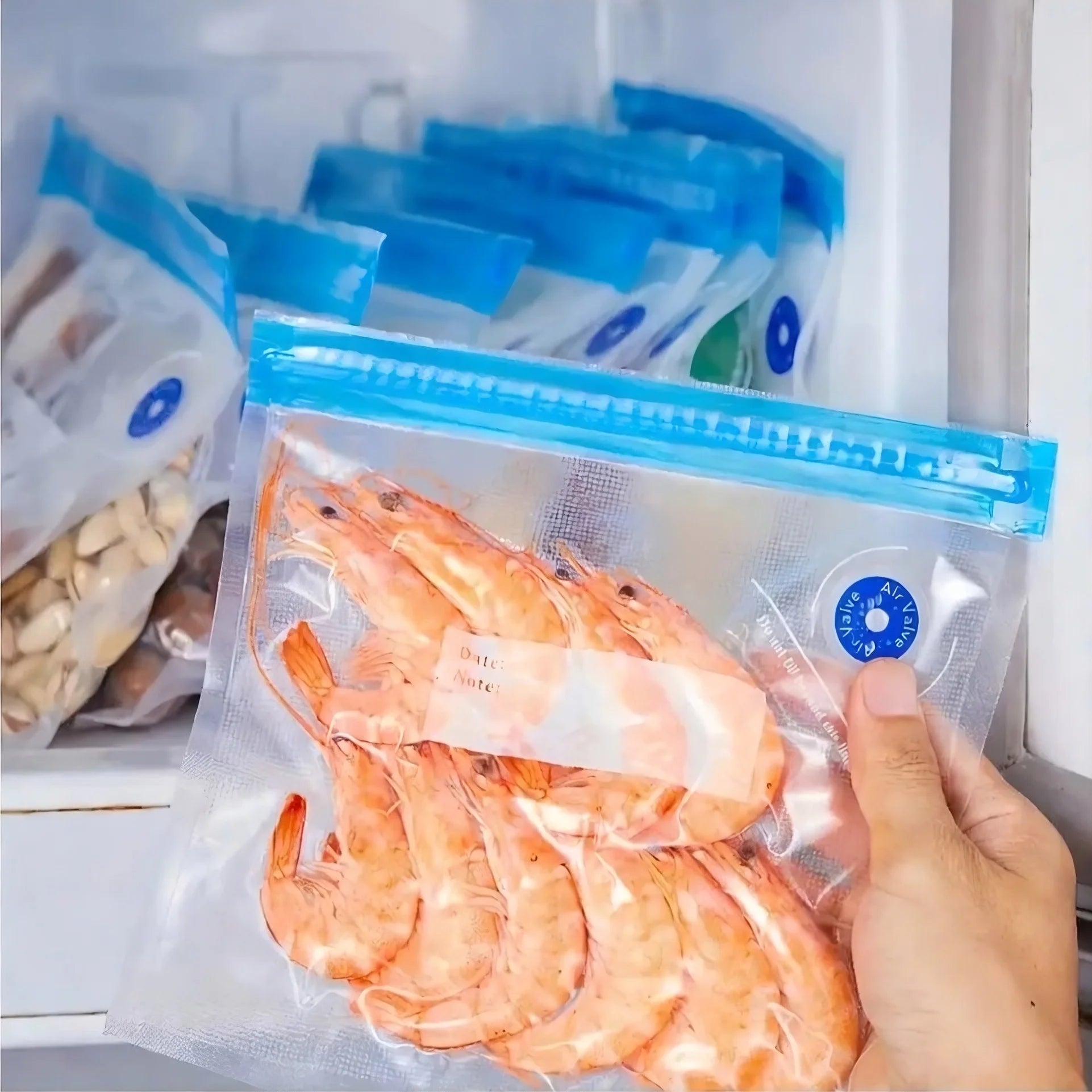 Un primer plano de un sistema de envasado al vacío doméstico: una bomba manual ergonómica blanca y verde y un fajo de bolsas de vacío apiladas con válvulas. La imagen muestra también múltiples bolsas selladas al vacío que contienen pollo, verduras de hoja verde, arroz y frutos secos, destacando la facilidad de uso del kit para el almacenamiento de alimentos