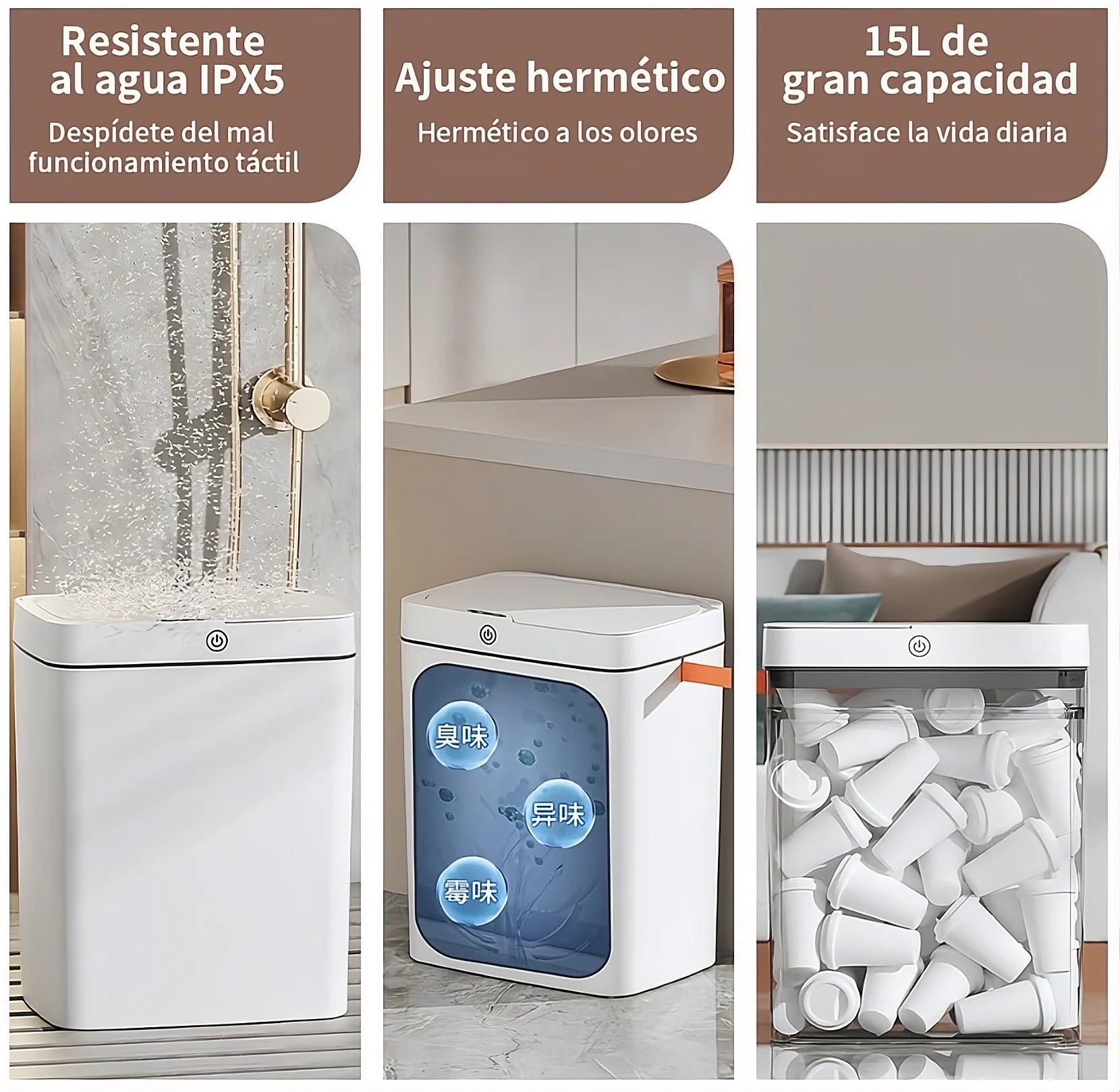 Infografía de tacho blanco mostrando resistencia al agua IPX5 bajo una ducha, sellado hermético contra olores y su gran capacidad de 15 litros.