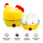 Infografía de hervidor de huevos gallina con iconos descriptivos: acero inoxidable, capacidad para 7 huevos, apagado automático e indicador LED.