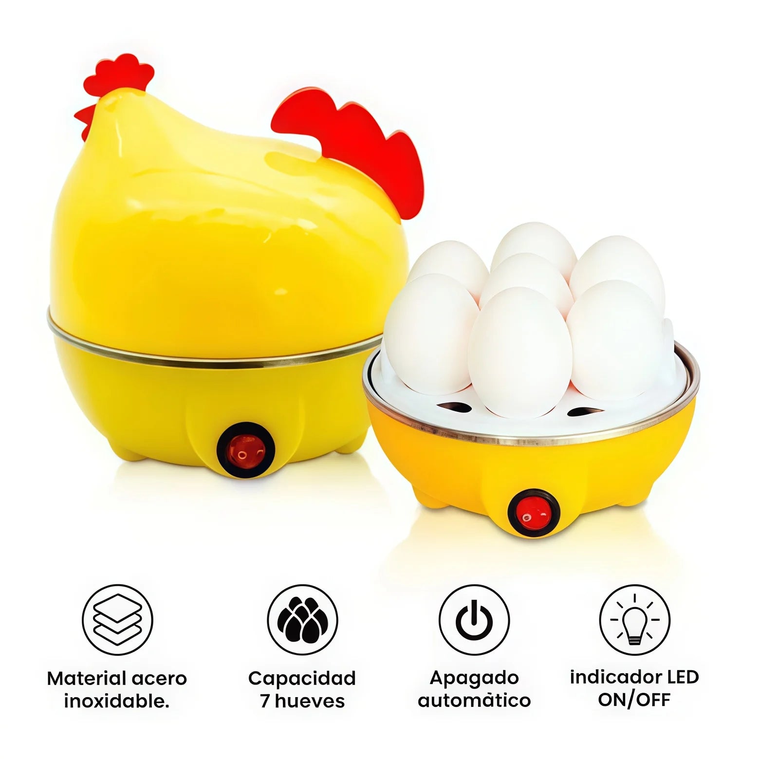 Infografía de hervidor de huevos gallina con iconos descriptivos: acero inoxidable, capacidad para 7 huevos, apagado automático e indicador LED.