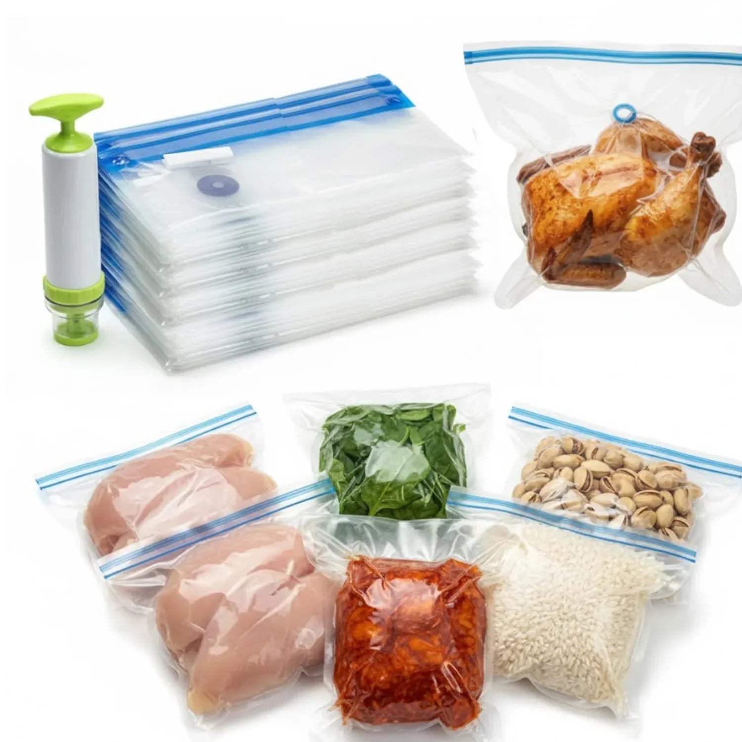 Varios ejemplos de alimentos sellados al vacío en bolsas reutilizables: dos pechugas de pollo, un pollo asado entero, espinacas frescas, pistachos y arroz. Al fondo, se muestra el kit de bolsas y la bomba manual necesarios para el envasado. Esta imagen demuestra cómo conservar la frescura y extender la vida útil de diferentes tipos de alimentos, tanto secos como frescos.