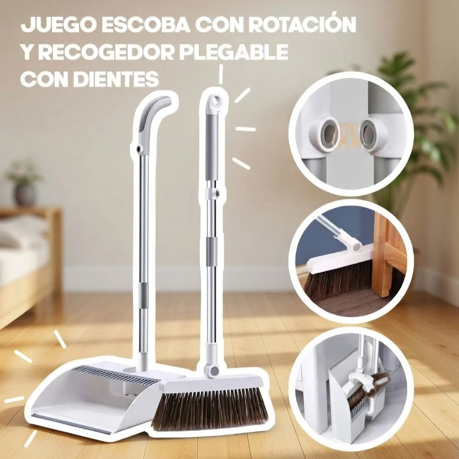 Una imagen de producto de un set completo de escoba y recogedor blanco y plateado. El gráfico cuenta con un brillo y pequeños recuadros detallados que muestran el cabezal giratorio y los dientes de autolimpieza del recogedor. El set se exhibe sobre un fondo de un interior de apartamento ordenado con suelos de madera natural y una planta en maceta